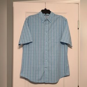 Croft & Barrow Men's Sz L Button Down Short Sleeve Shirt, Blue/Black/White, EC
